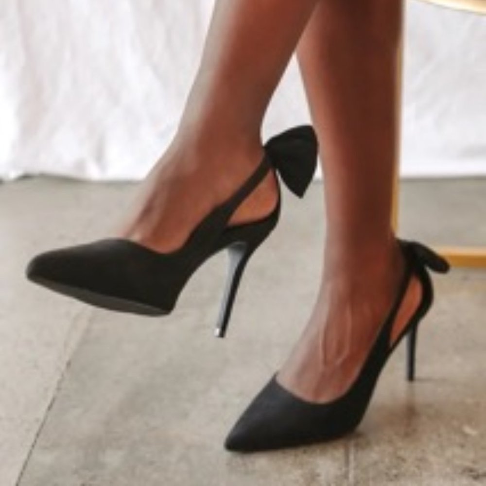 Lulu's Sarika Black Suede Pointed-Toe Slingback Bow Pumps